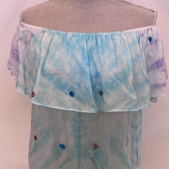 🦋Juliet Dunn🦋Aqua Ombré Off Shoulder Sequins Ruffle Dress NWT Size M - Picture 3 of 16